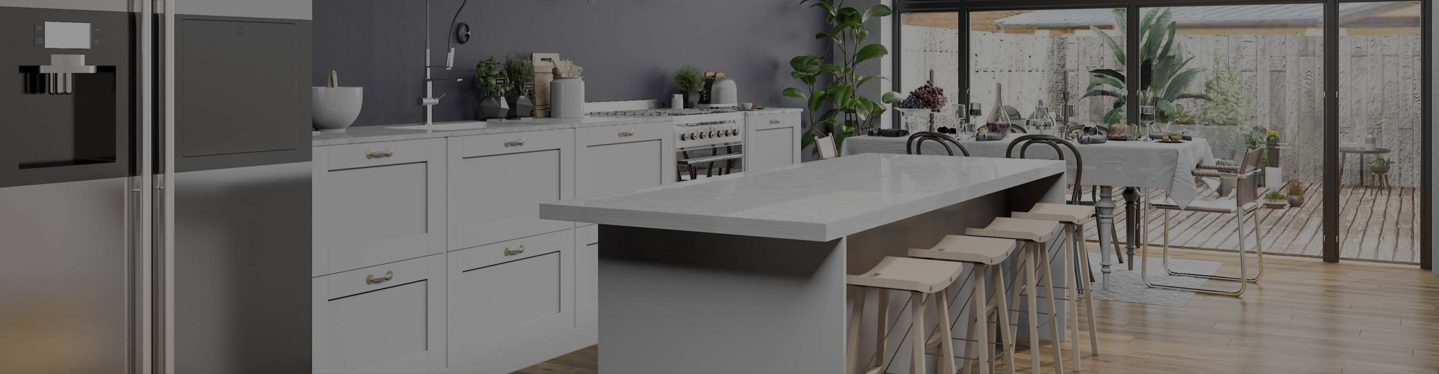modern farmhouse kitchen with white cabinets and white countertops